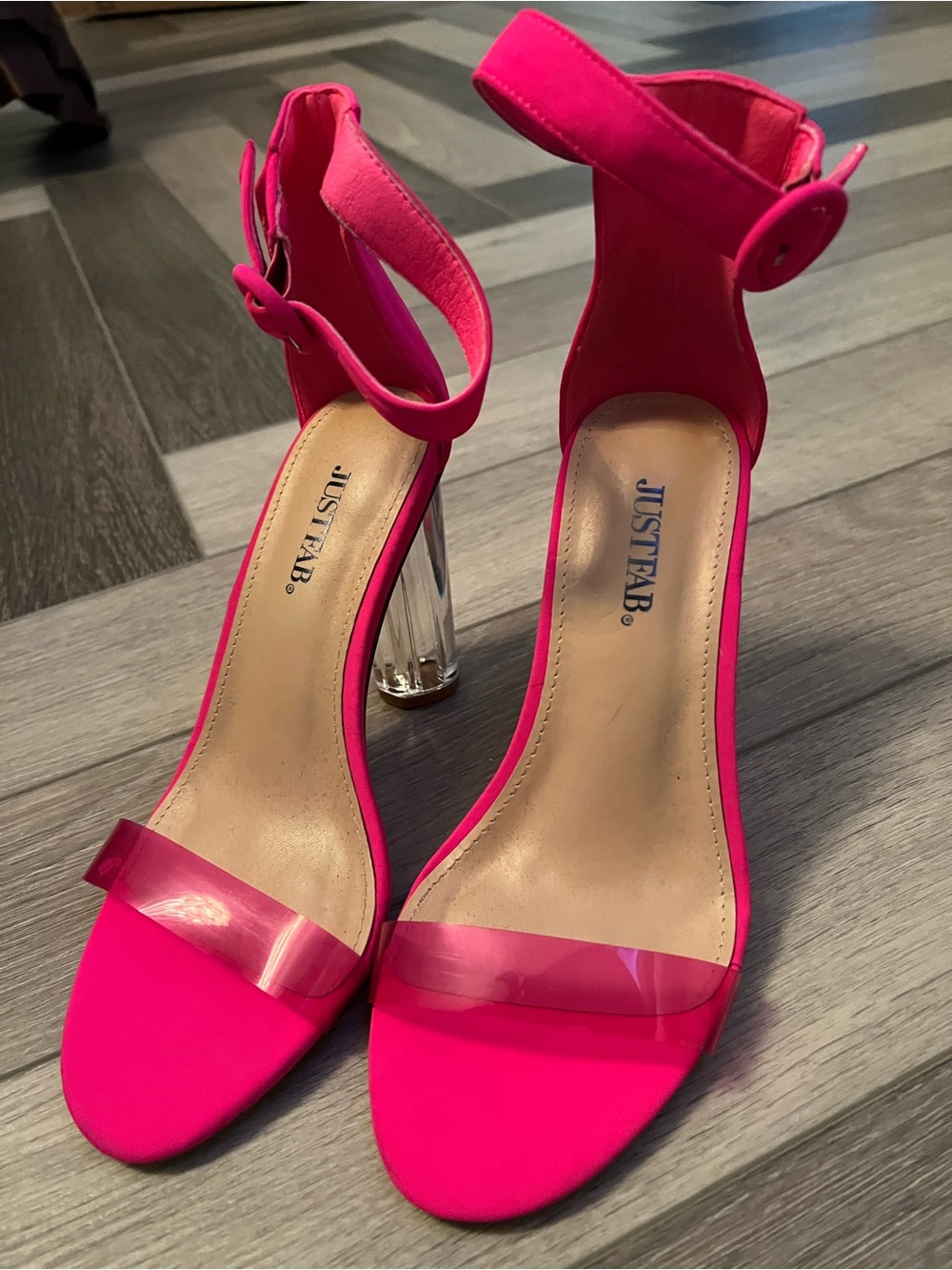 JustFab Neon Pink Clear-Strap Ankle Strap Heels